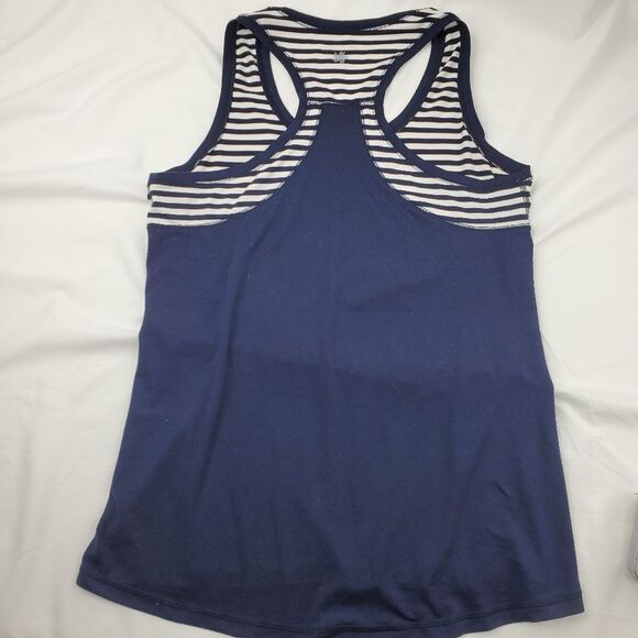 M NAUTICAL NAVY BLUE WHITE STRIPED SOFT STRETCH RACERBACK TANK TOP MEDIUM - Picture 4 of 5